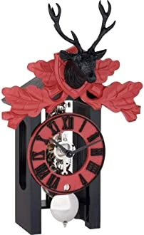 23032-740721 - Black & Red Skeleton Mantle With Deer & Leaves (Nickel Movement)
