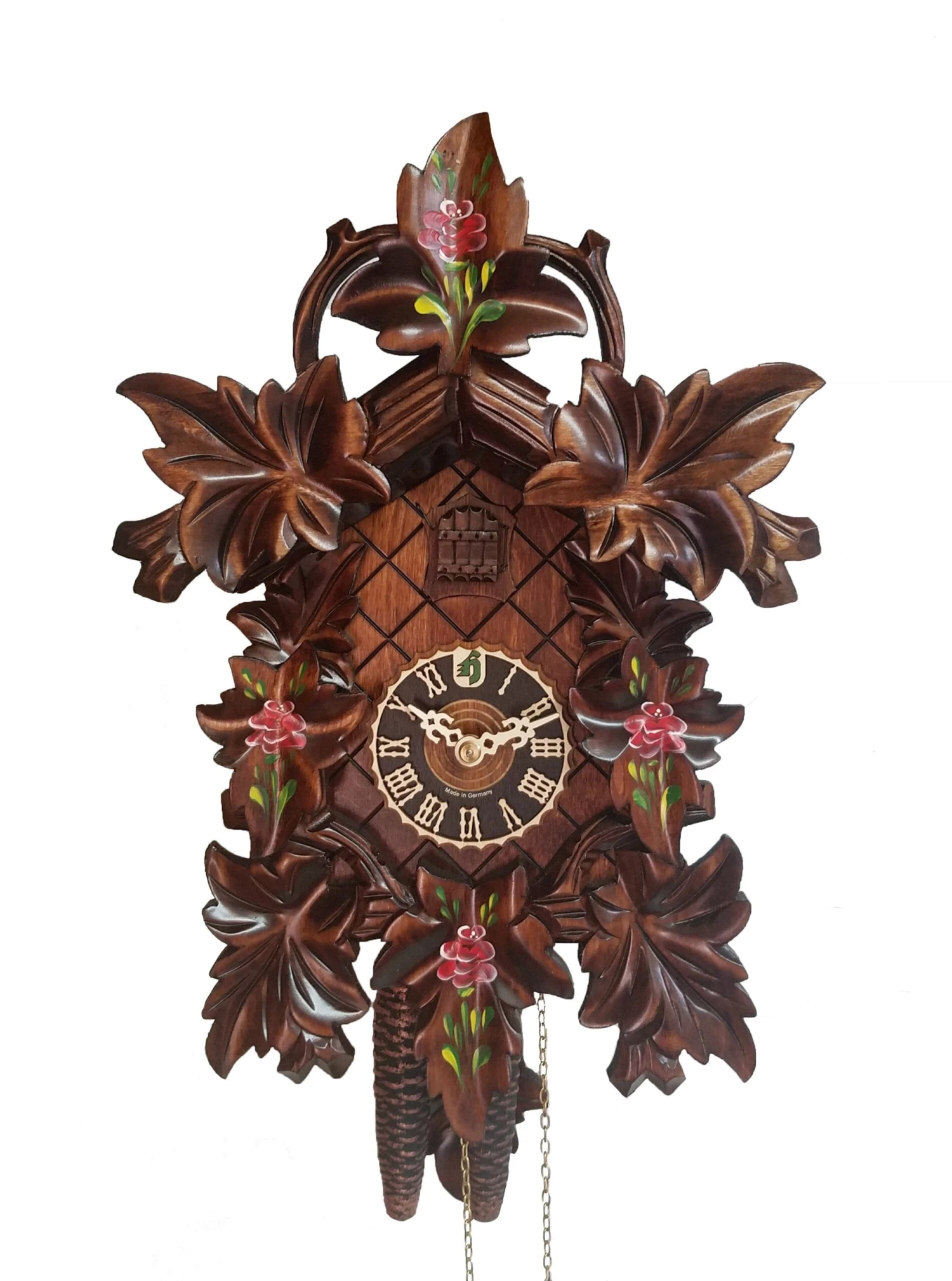 KU1223ro - 1 Day 5 Leaf Cuckoo Clock With Painted Roses 1 KU1223ro - 1 Day 5 Leaf Cuckoo Clock With Painted Roses