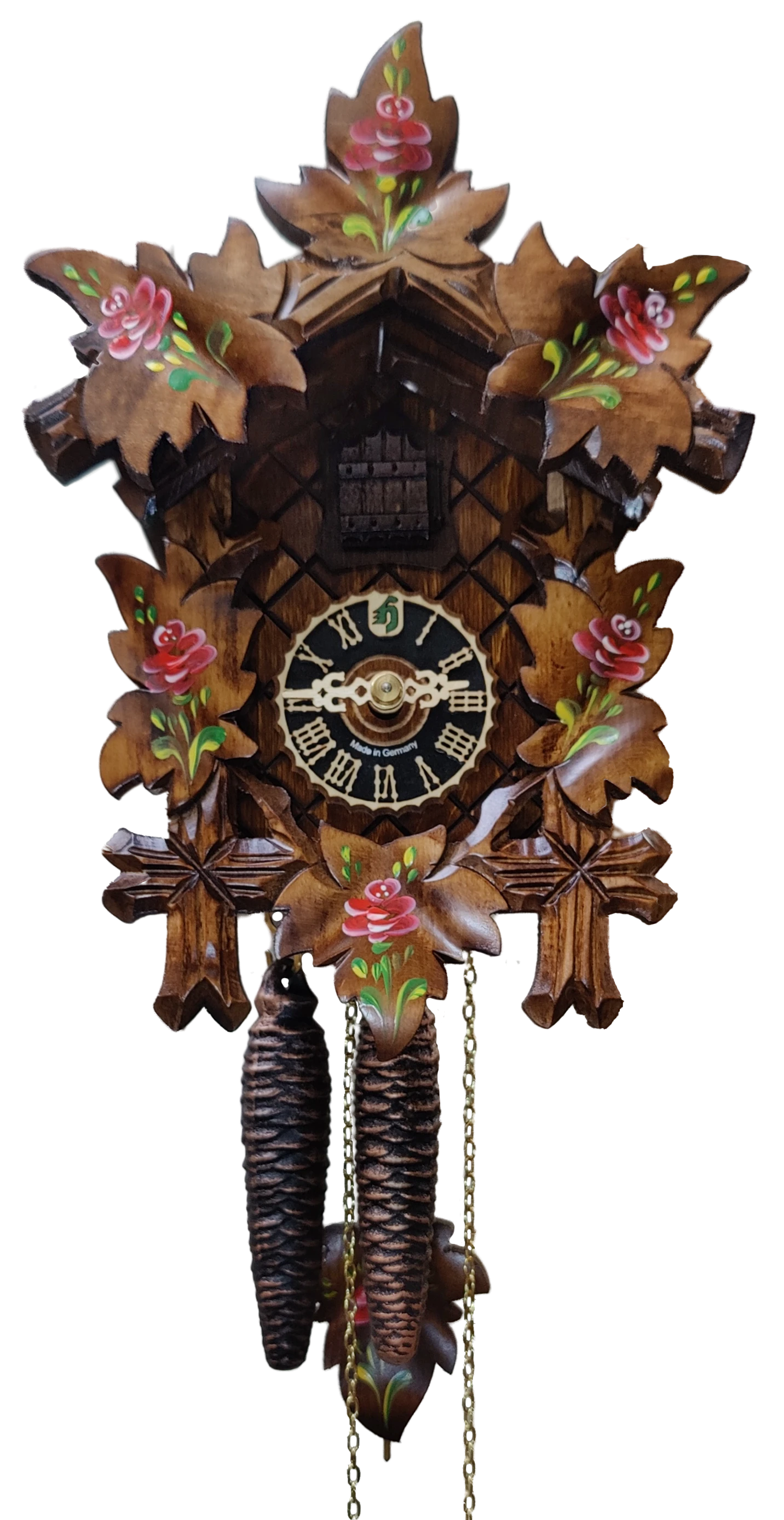 KU1002ro - 1 Day 5 Leaf Cuckoo Clock With Painted Roses 1 KU1002ro - 1 Day 5 Leaf Cuckoo Clock With Painted Roses