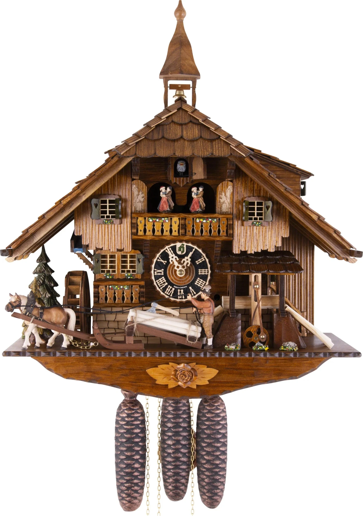 KU8230M- 8 Day Musical Chalet Cuckoo Clock With Log Puller And Saw Mill 1 KU8230M- 8 Day Musical Chalet Cuckoo Clock With Log Puller And Saw Mill